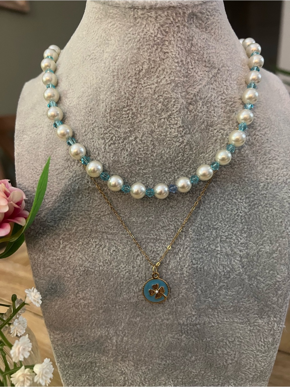 Pearl and Aqua Crystal Bead Necklace with Gold Clover Pendant